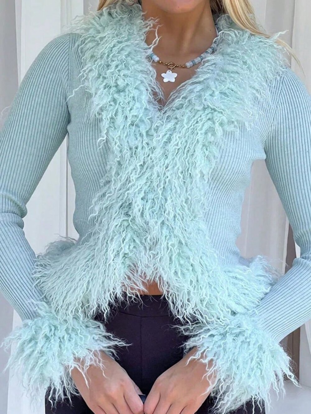 Sky Blue Casual Women's Furry Trim Cropped Jacket